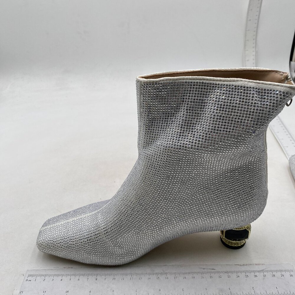 XYD Women Gorgeous Mid Low Chunky Crystal Gem Heel Ankle Boots Closed Square Toe - Picture 2 of 8